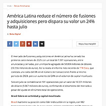 Amrica Latina reduce el nmero de fusiones y adquisiciones pero dispara su valor un 24% hasta julio